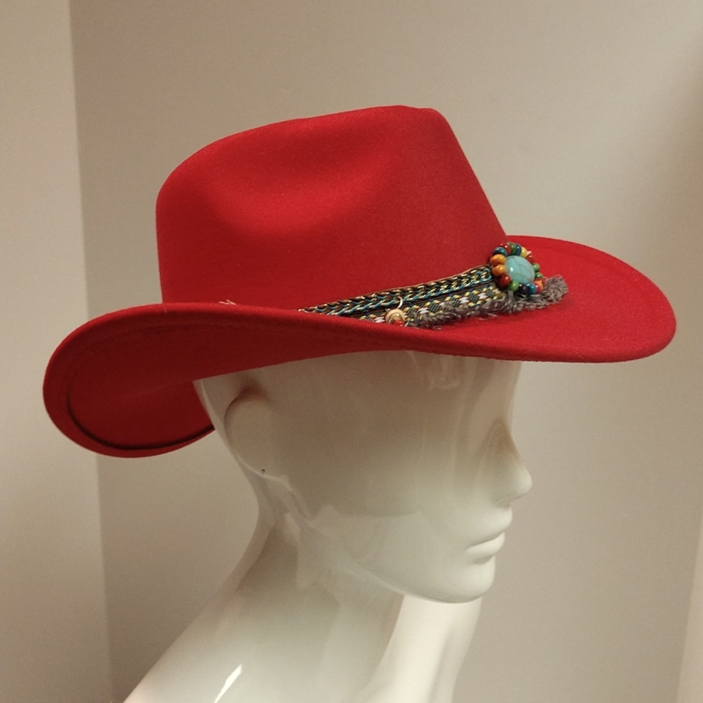 Western Southern Red Cowboy Hat Turquoise Tassels Pendants Fringe Accent Boho - Picture 7 of 17